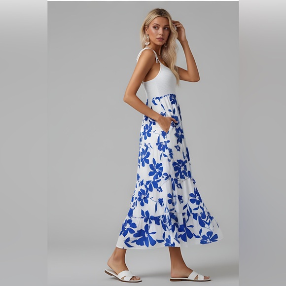 Blue Floral Print Tie Shoulder Cami Dress - Picture 3 of 8